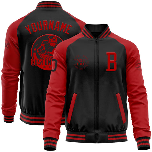 Custom Black Red Bomber Varsity Letterman Two Tone Zipper Jacket - Main View