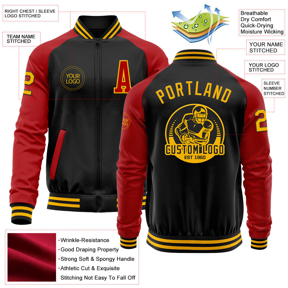 Custom Black Gold-Red Bomber Varsity Letterman Two Tone Zipper Jacket view 4
