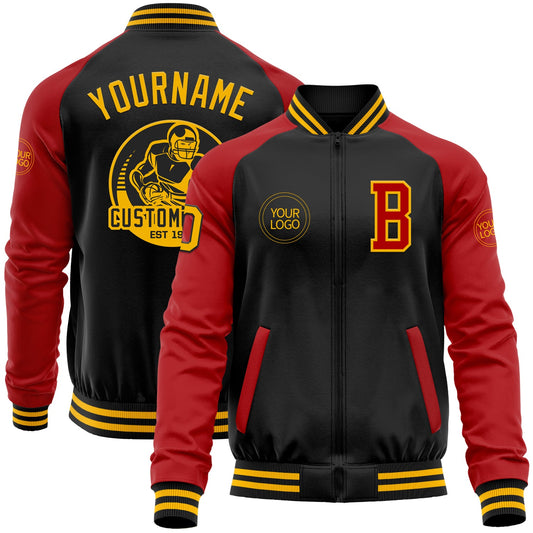 Custom Black Gold-Red Bomber Varsity Letterman Two Tone Zipper Jacket - Main View