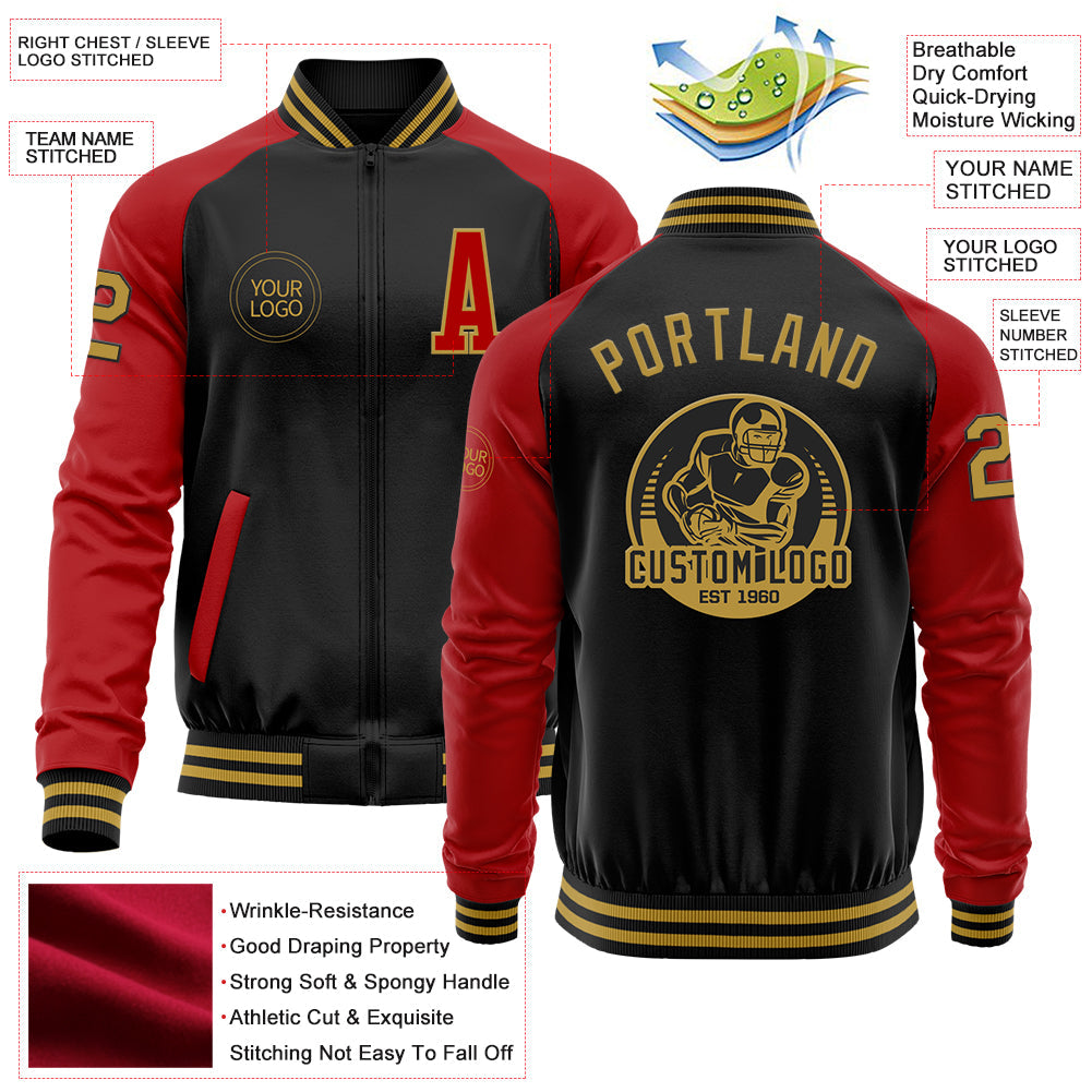 Custom Black Old Gold-Red Bomber Varsity Letterman Two Tone Zipper Jacket view 4