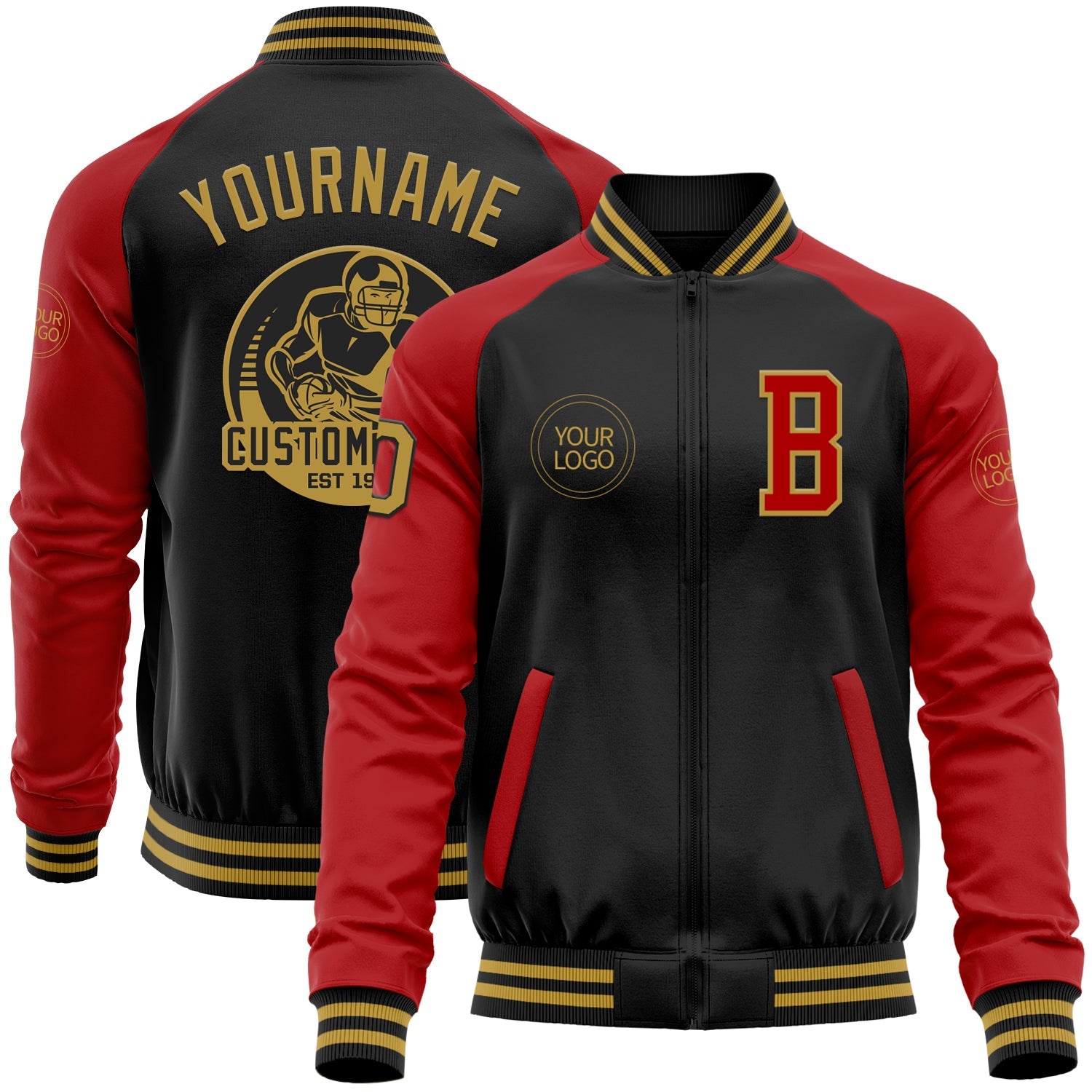 Custom Black Old Gold-Red Bomber Varsity Letterman Two Tone Zipper Jacket - Main View