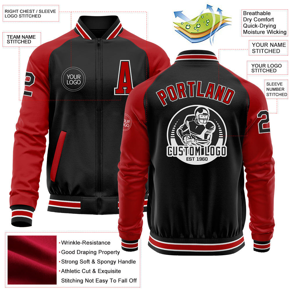 Custom Black Red-White Bomber Varsity Letterman Two Tone Zipper Jacket view 4