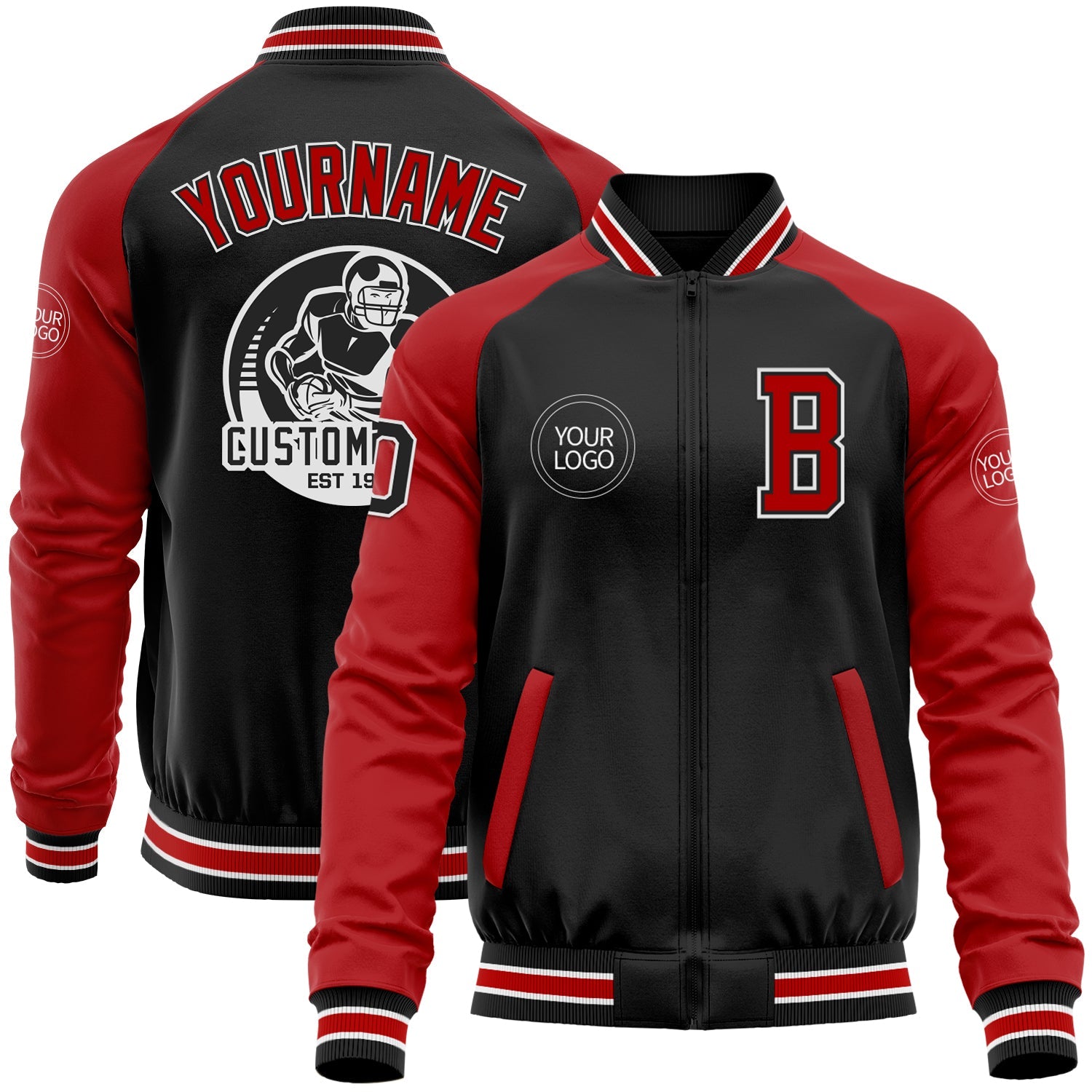 Custom Black Red-White Bomber Varsity Letterman Two Tone Zipper Jacket - Main View