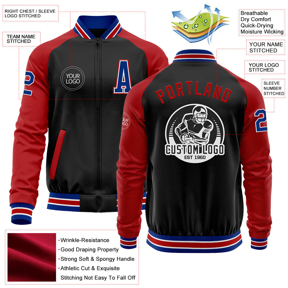 Custom Black Royal-Red Bomber Varsity Letterman Two Tone Zipper Jacket view 4
