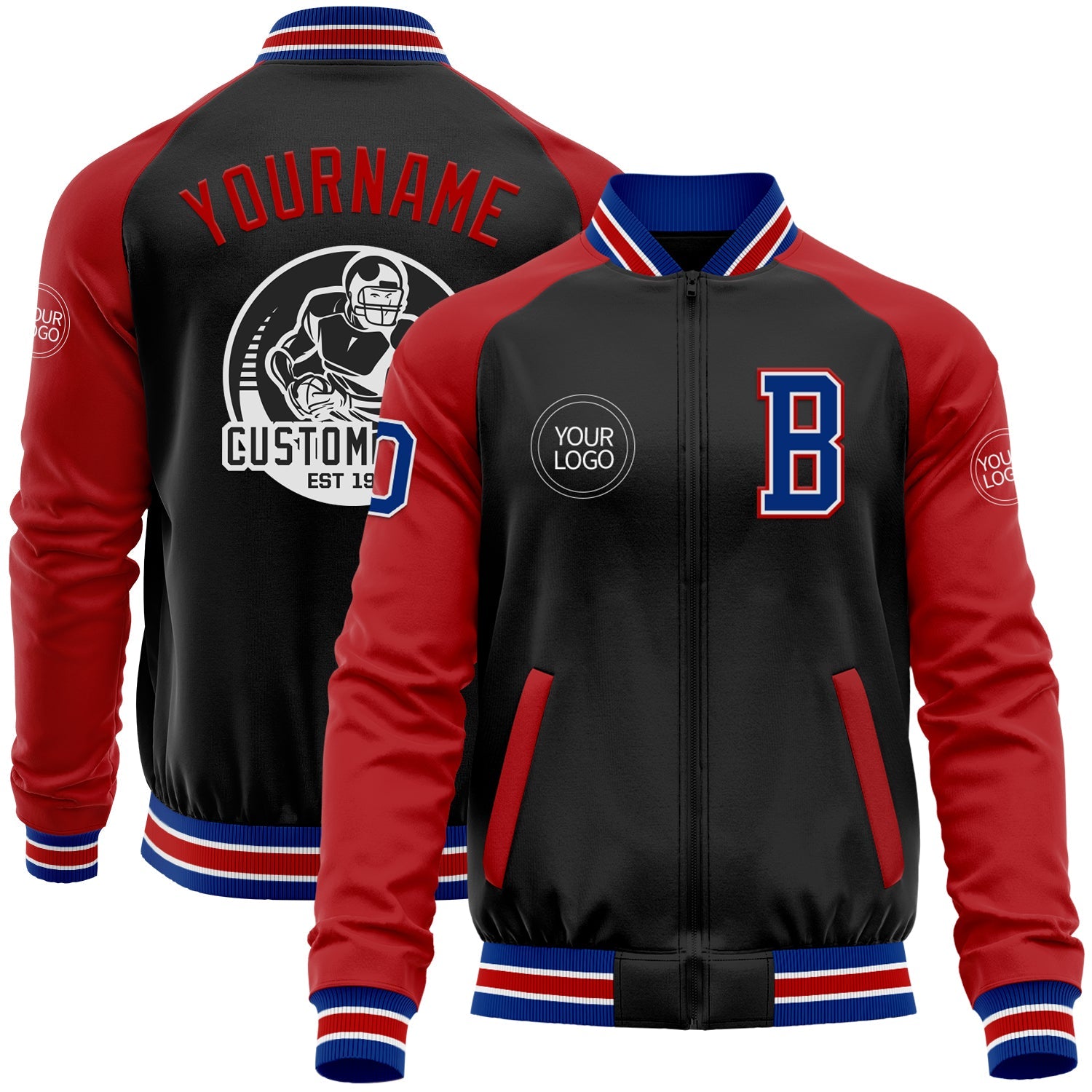 Custom Black Royal-Red Bomber Varsity Letterman Two Tone Zipper Jacket - Main View