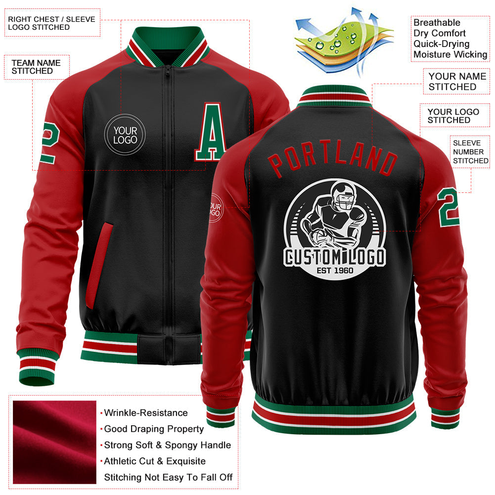 Custom Black Kelly Green-Red Bomber Varsity Letterman Two Tone Zipper Jacket view 4