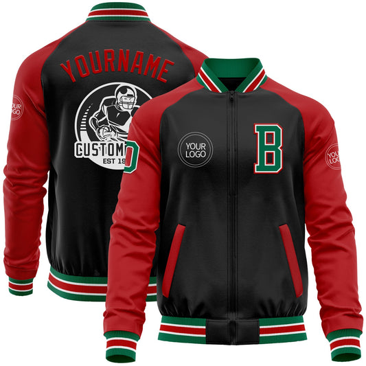 Custom Black Kelly Green-Red Bomber Varsity Letterman Two Tone Zipper Jacket - Main View