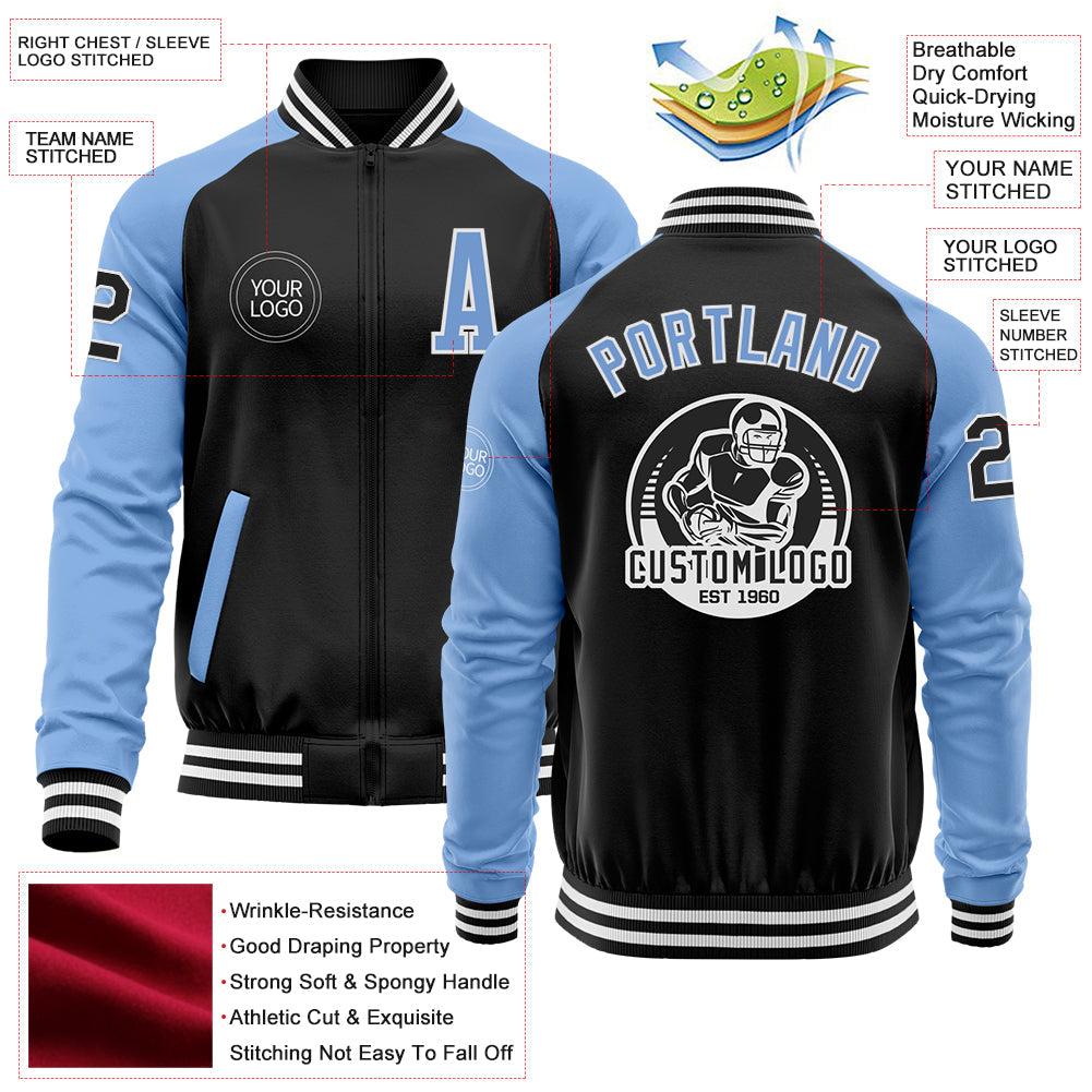 Custom Black Light Blue-White Bomber Varsity Letterman Two Tone Zipper Jacket view 4