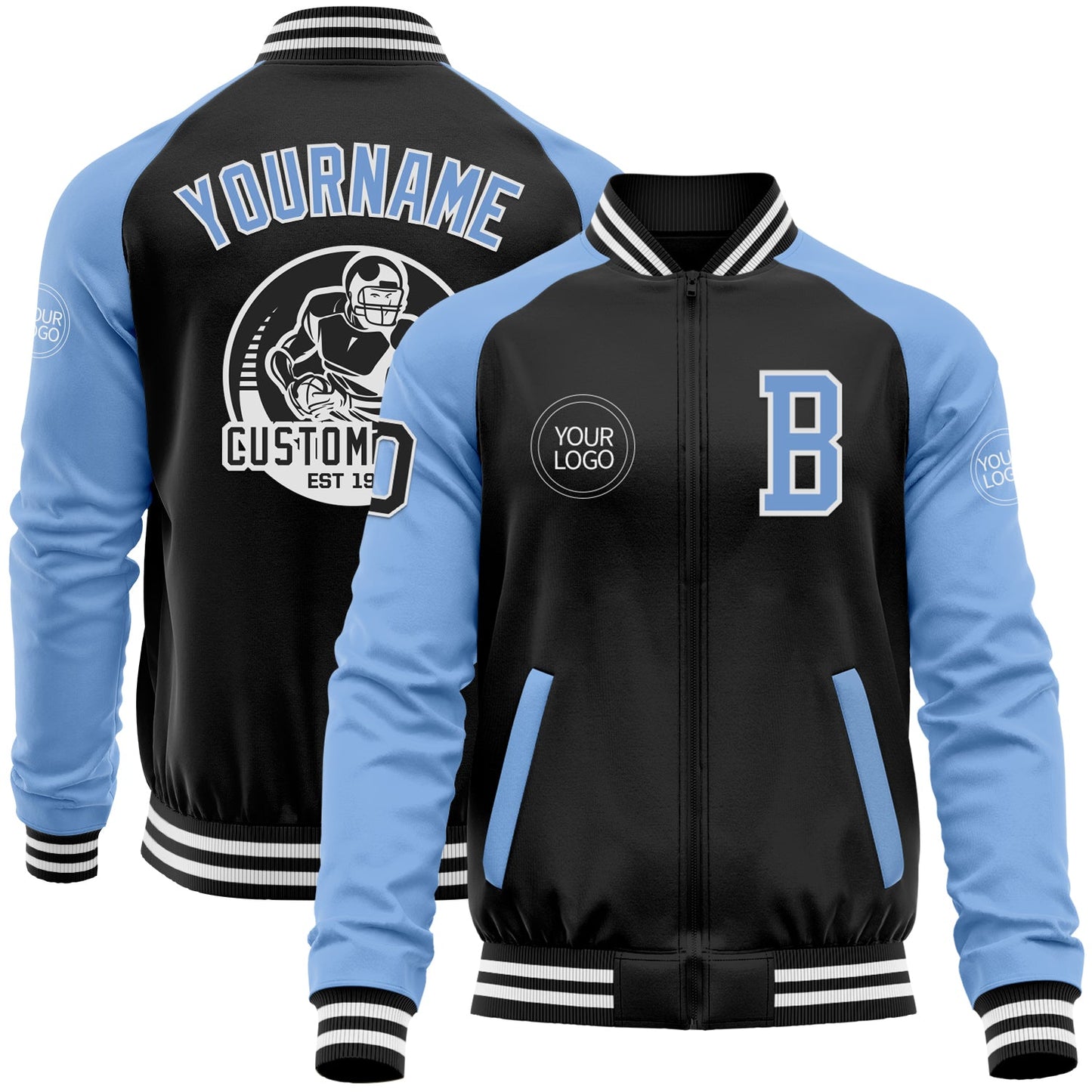 Custom Black Light Blue-White Bomber Varsity Letterman Two Tone Zipper Jacket - Main View