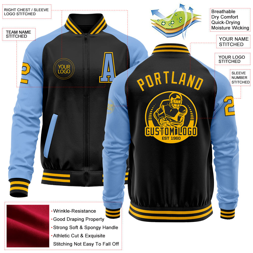 Custom Black Gold-Light Blue Bomber Varsity Letterman Two Tone Zipper Jacket view 4
