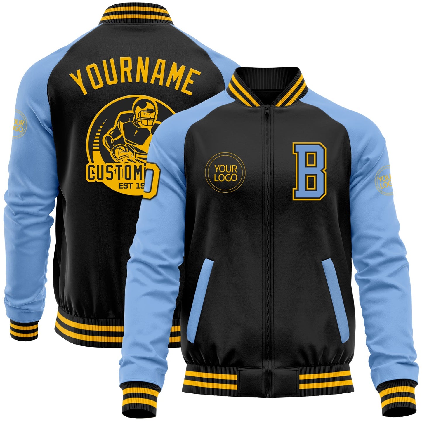 Custom Black Gold-Light Blue Bomber Varsity Letterman Two Tone Zipper Jacket - Main View