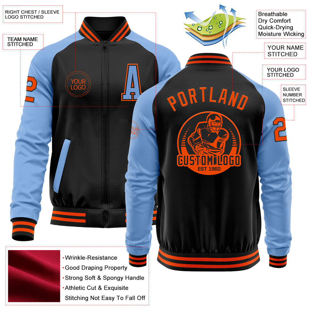 Custom Black Orange-Light Blue Bomber Varsity Letterman Two Tone Zipper Jacket view 4
