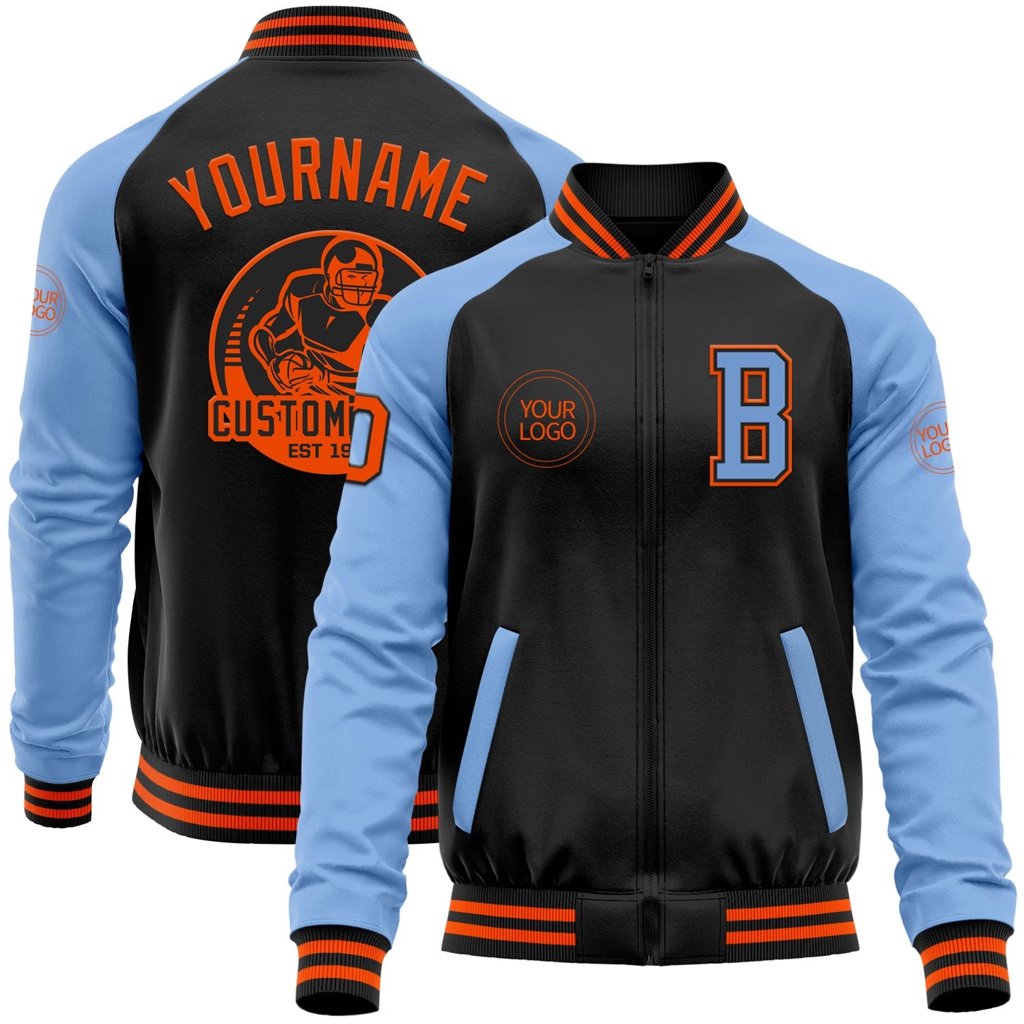 Custom Black Orange-Light Blue Bomber Varsity Letterman Two Tone Zipper Jacket - Main View