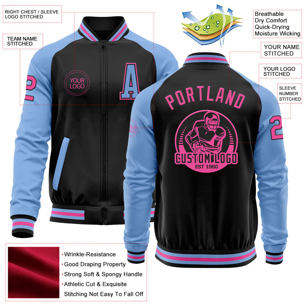 Custom Black Pink-Light Blue Bomber Varsity Letterman Two Tone Zipper Jacket view 4