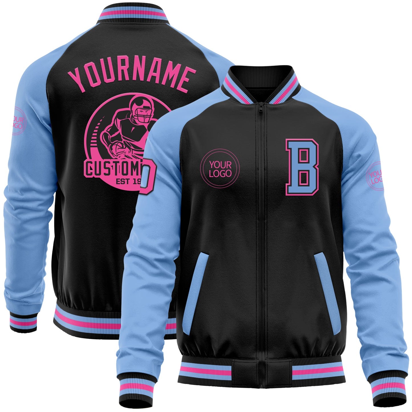 Custom Black Pink-Light Blue Bomber Varsity Letterman Two Tone Zipper Jacket - Main View