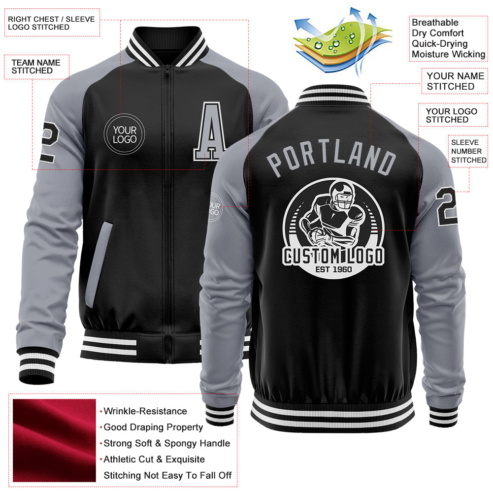 Custom Black Gray-White Bomber Varsity Letterman Two Tone Zipper Jacket view 4