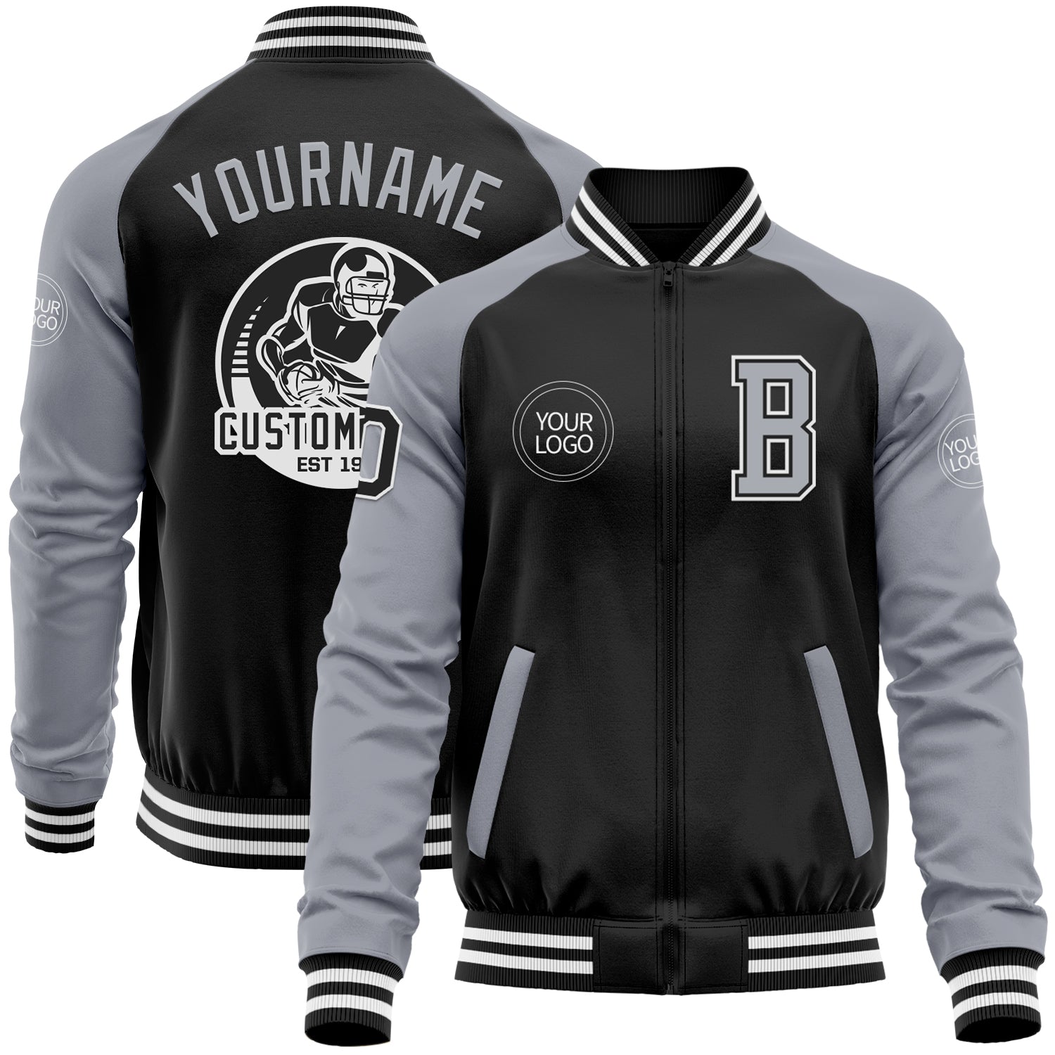 Custom Black Gray-White Bomber Varsity Letterman Two Tone Zipper Jacket - Main View