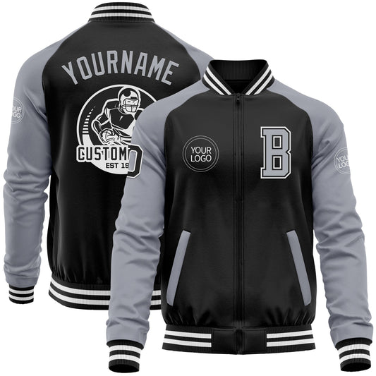 Custom Black Gray-White Bomber Varsity Letterman Two Tone Zipper Jacket - Main View