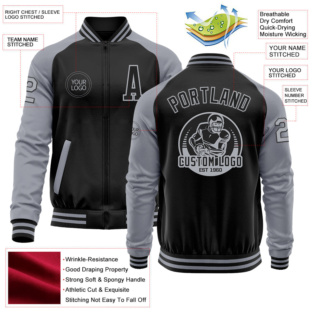 Custom Black Gray Bomber Varsity Letterman Two Tone Zipper Jacket view 4