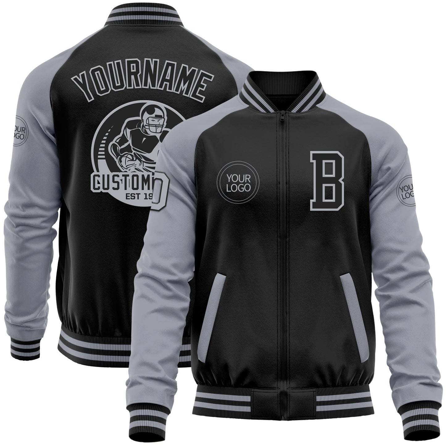 Custom Black Gray Bomber Varsity Letterman Two Tone Zipper Jacket - Main View