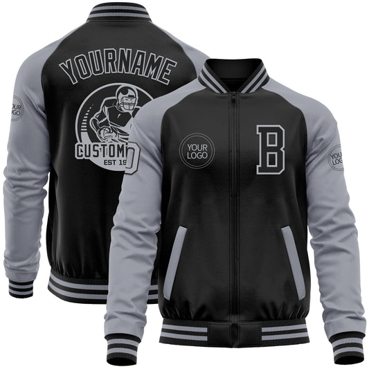 Custom Black Gray Bomber Varsity Letterman Two Tone Zipper Jacket - Main View