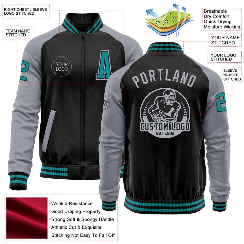 Custom Black Teal-Gray Bomber Varsity Letterman Two Tone Zipper Jacket view 4