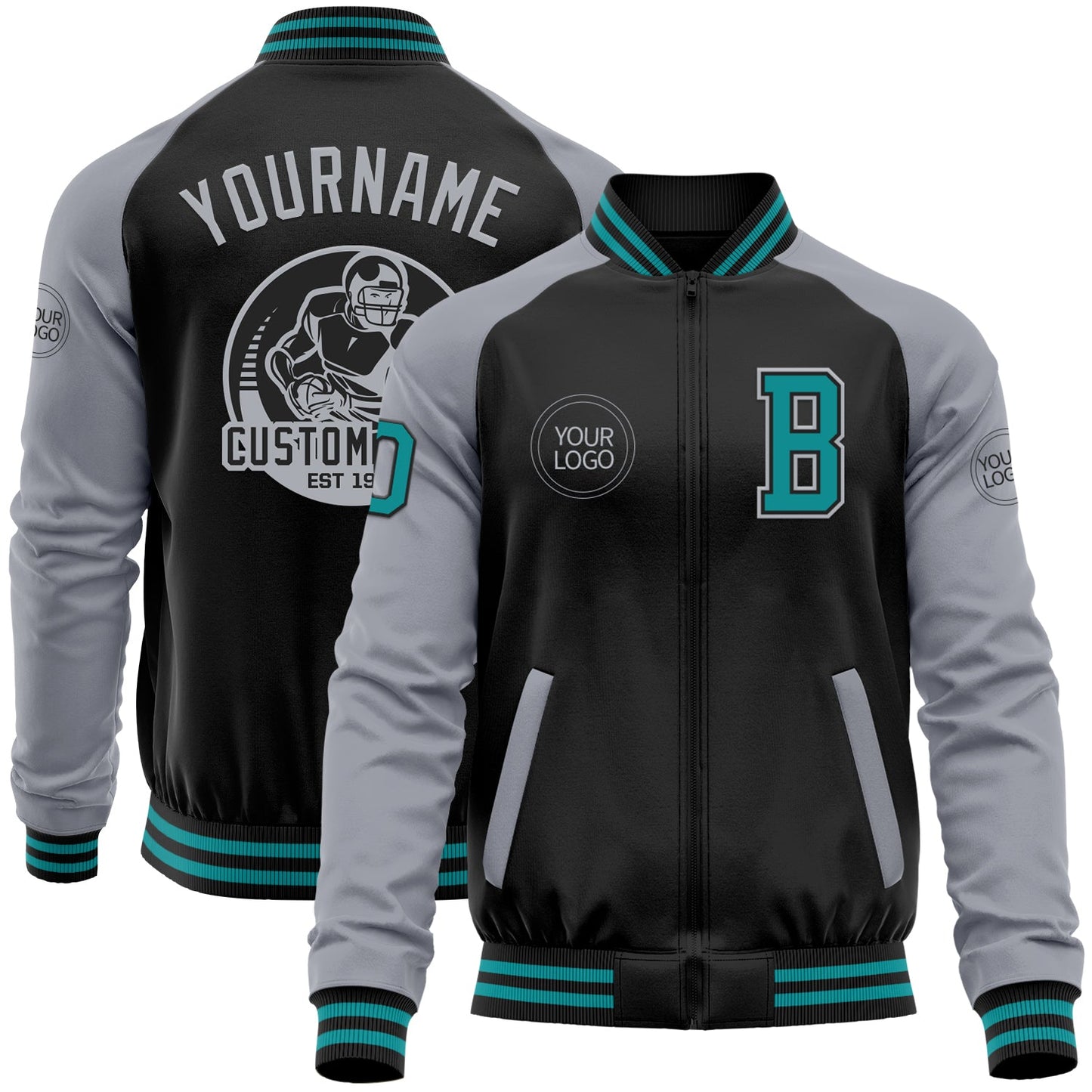 Custom Black Teal-Gray Bomber Varsity Letterman Two Tone Zipper Jacket - Main View