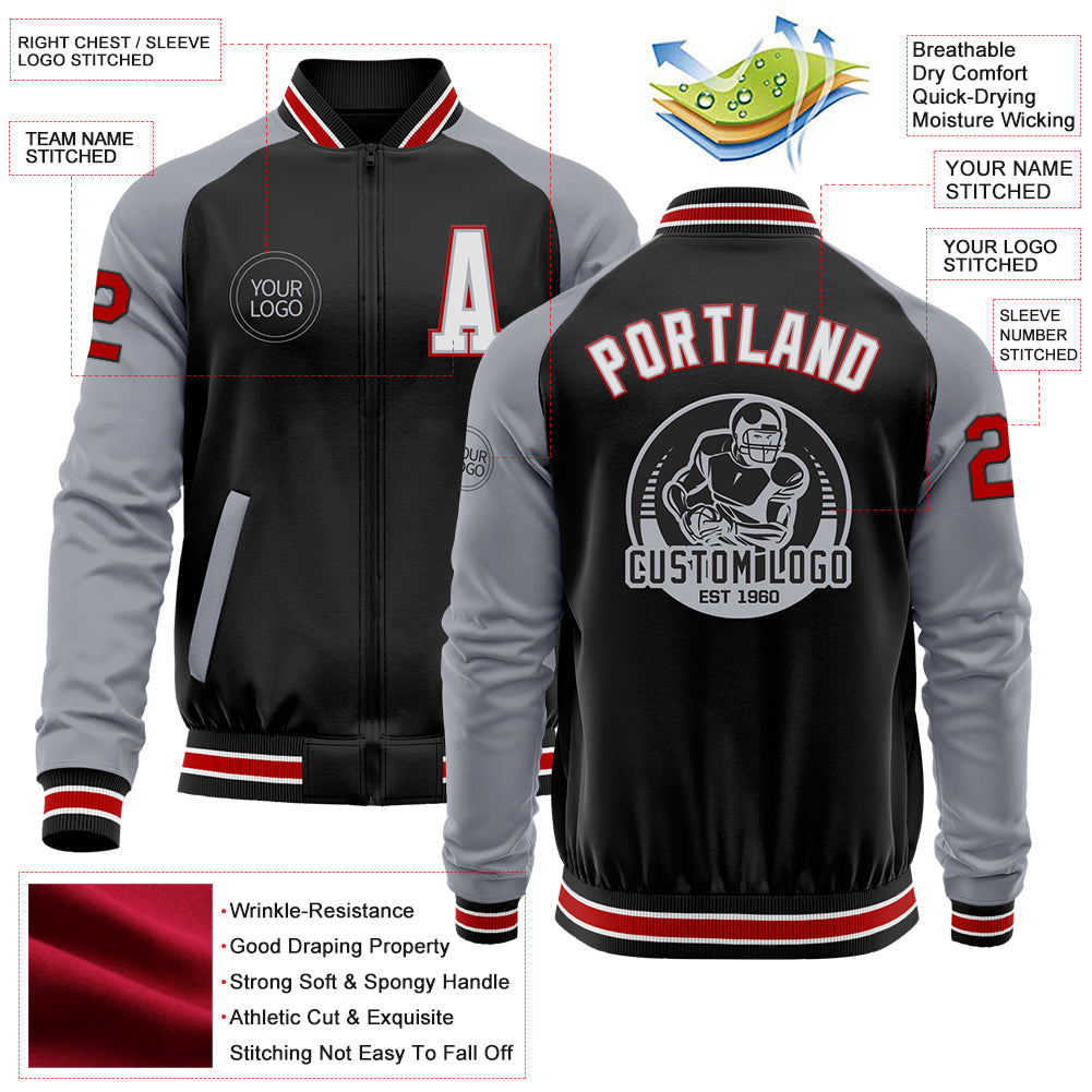 Custom Black Red-Gray Bomber Varsity Letterman Two Tone Zipper Jacket view 4