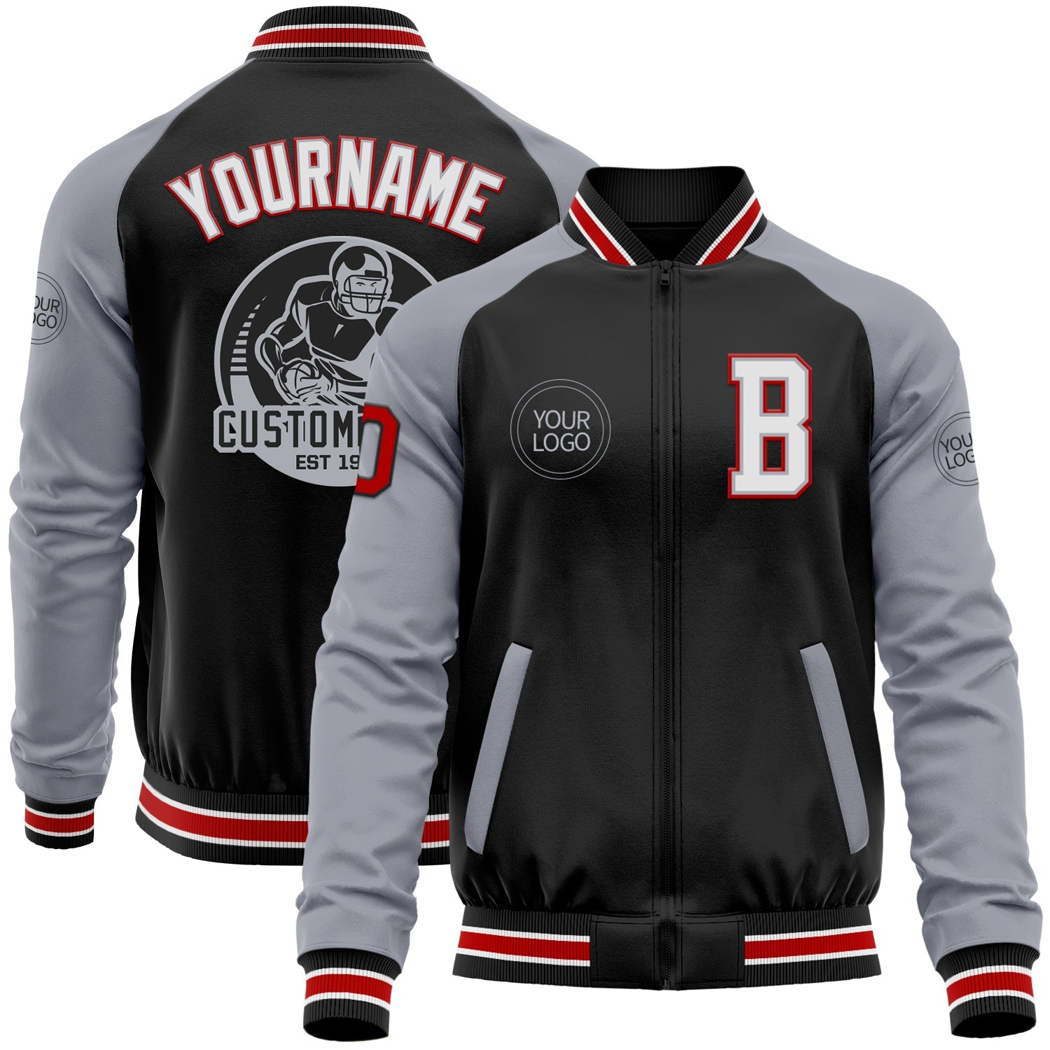 Custom Black Red-Gray Bomber Varsity Letterman Two Tone Zipper Jacket - Main View