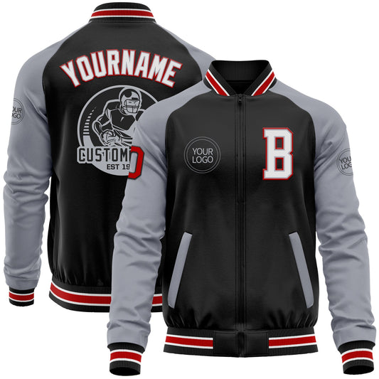Custom Black Red-Gray Bomber Varsity Letterman Two Tone Zipper Jacket - Main View