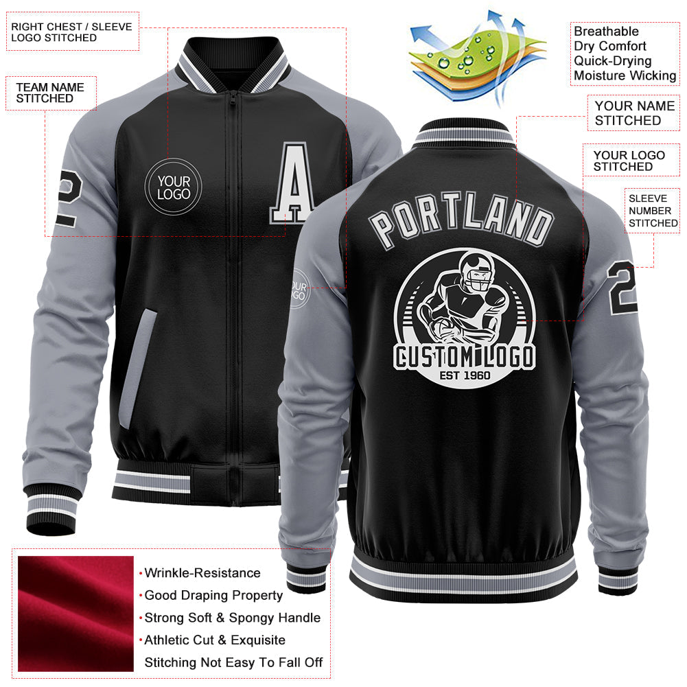 Custom Black Gray-White Bomber Varsity Letterman Two Tone Zipper Jacket view 4
