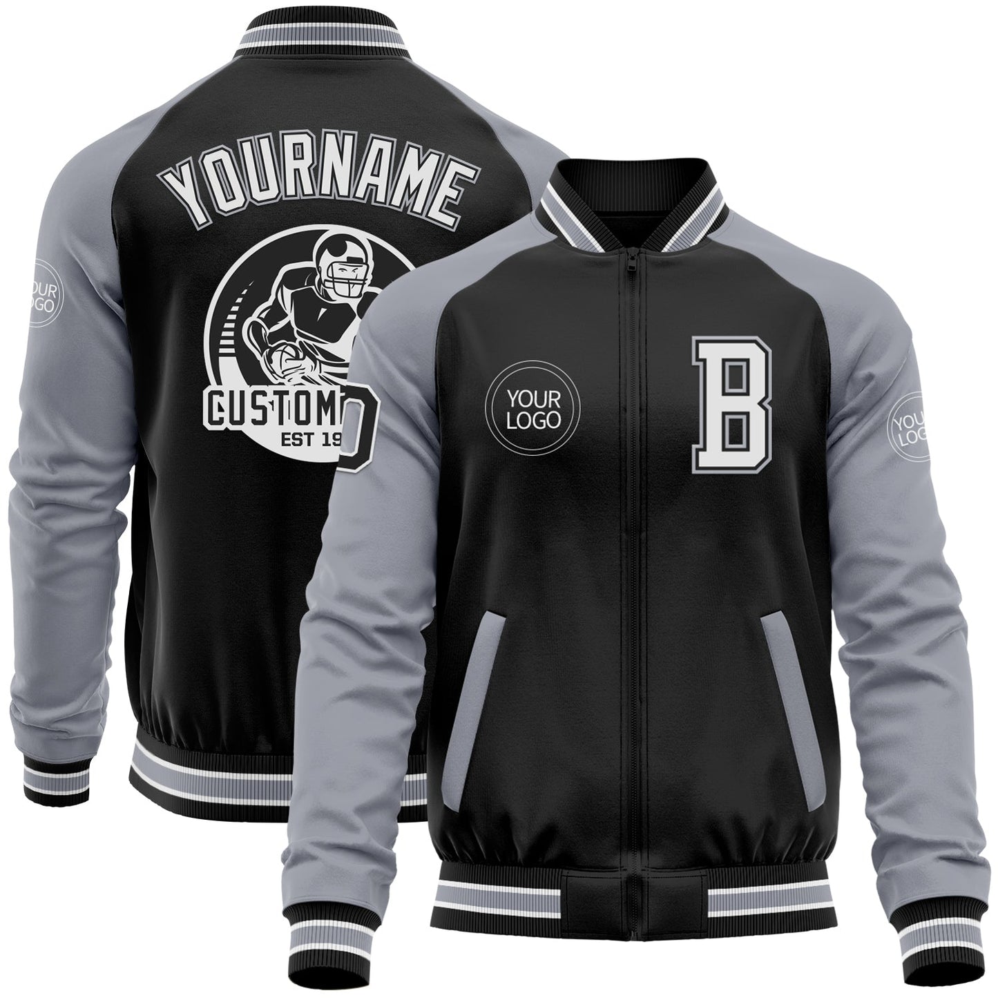 Custom Black Gray-White Bomber Varsity Letterman Two Tone Zipper Jacket - Main View