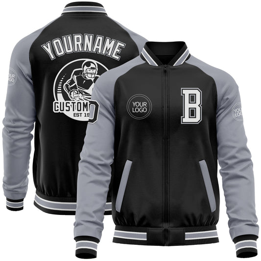 Custom Black Gray-White Bomber Varsity Letterman Two Tone Zipper Jacket - Main View