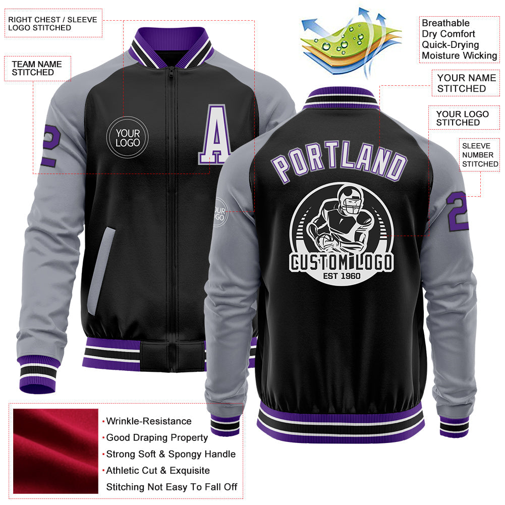 Custom Black Purple-Gray Bomber Varsity Letterman Two Tone Zipper Jacket view 4