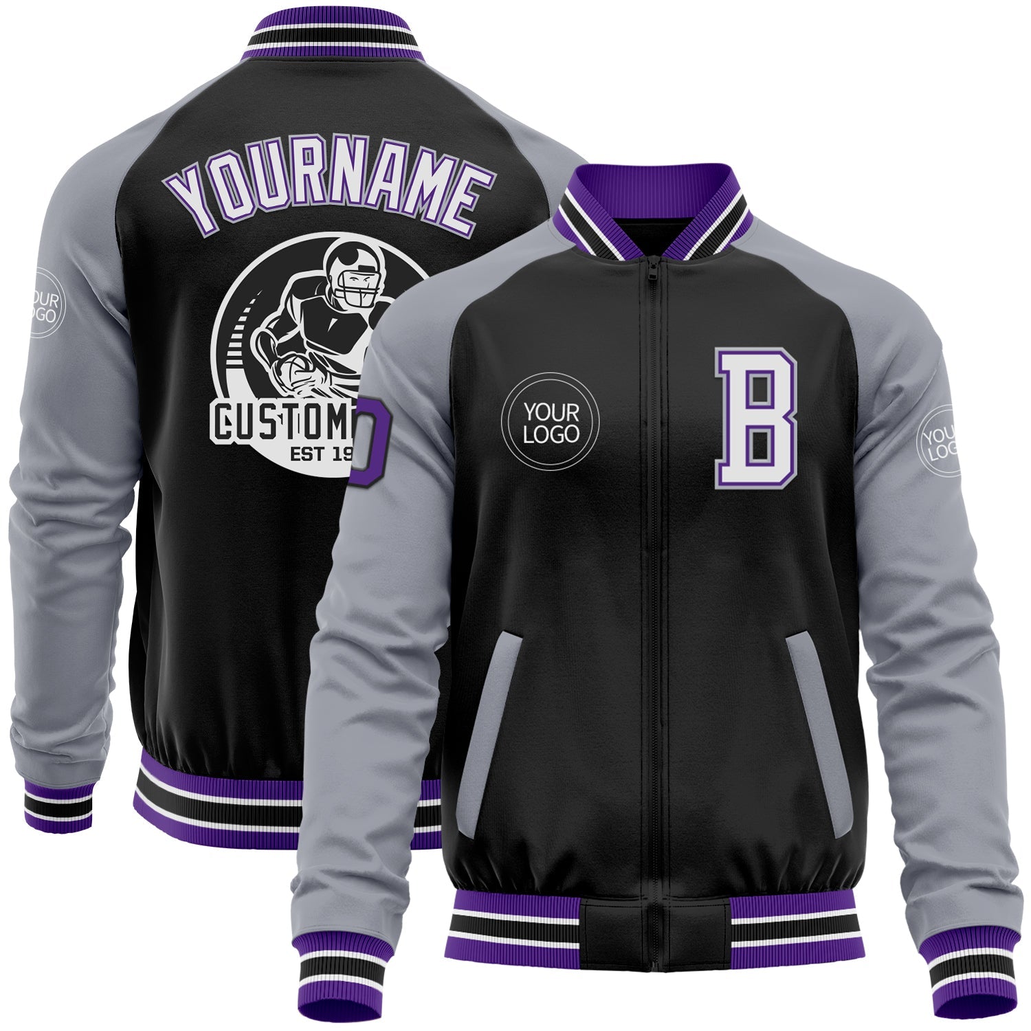 Custom Black Purple-Gray Bomber Varsity Letterman Two Tone Zipper Jacket - Main View