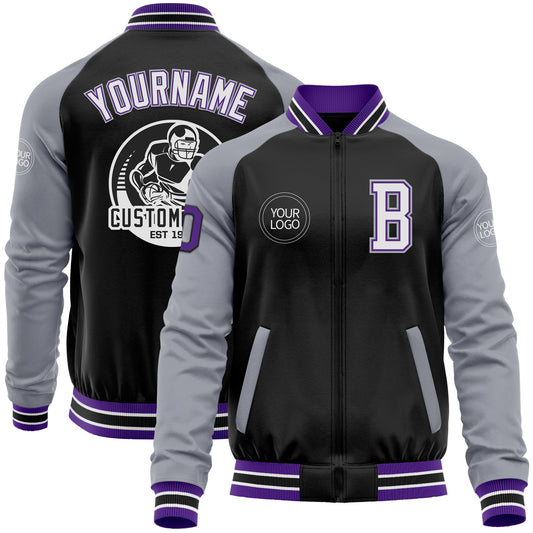 Custom Black Purple-Gray Bomber Varsity Letterman Two Tone Zipper Jacket - Main View