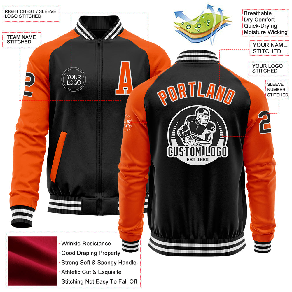 Custom Black Orange-White Bomber Varsity Letterman Two Tone Zipper Jacket view 4