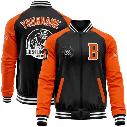 Custom Black Orange-White Bomber Varsity Letterman Two Tone Zipper Jacket - Main View