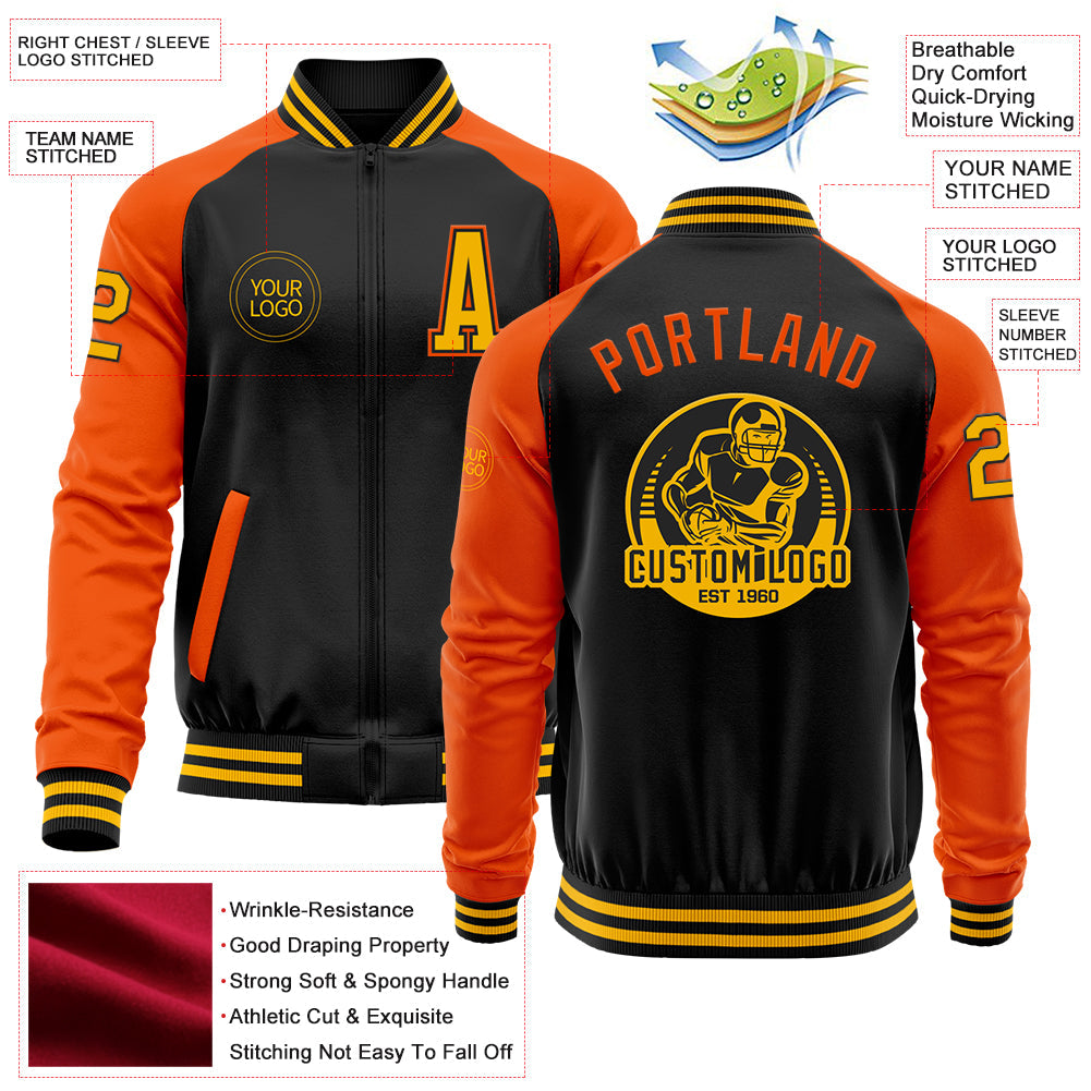 Custom Black Gold-Orange Bomber Varsity Letterman Two Tone Zipper Jacket view 4