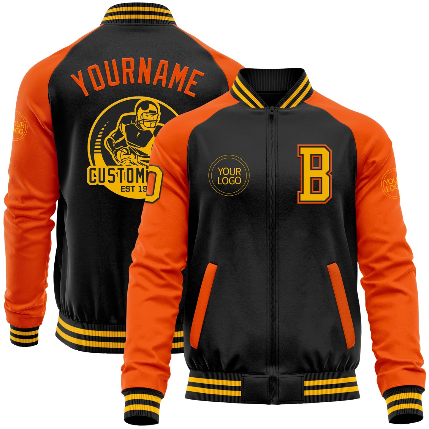 Custom Black Gold-Orange Bomber Varsity Letterman Two Tone Zipper Jacket - Main View
