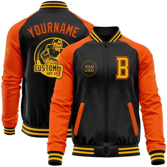Custom Black Gold-Orange Bomber Varsity Letterman Two Tone Zipper Jacket - Main View
