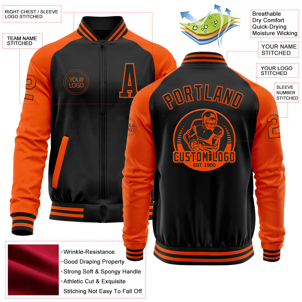 Custom Black Orange Bomber Varsity Letterman Two Tone Zipper Jacket view 4