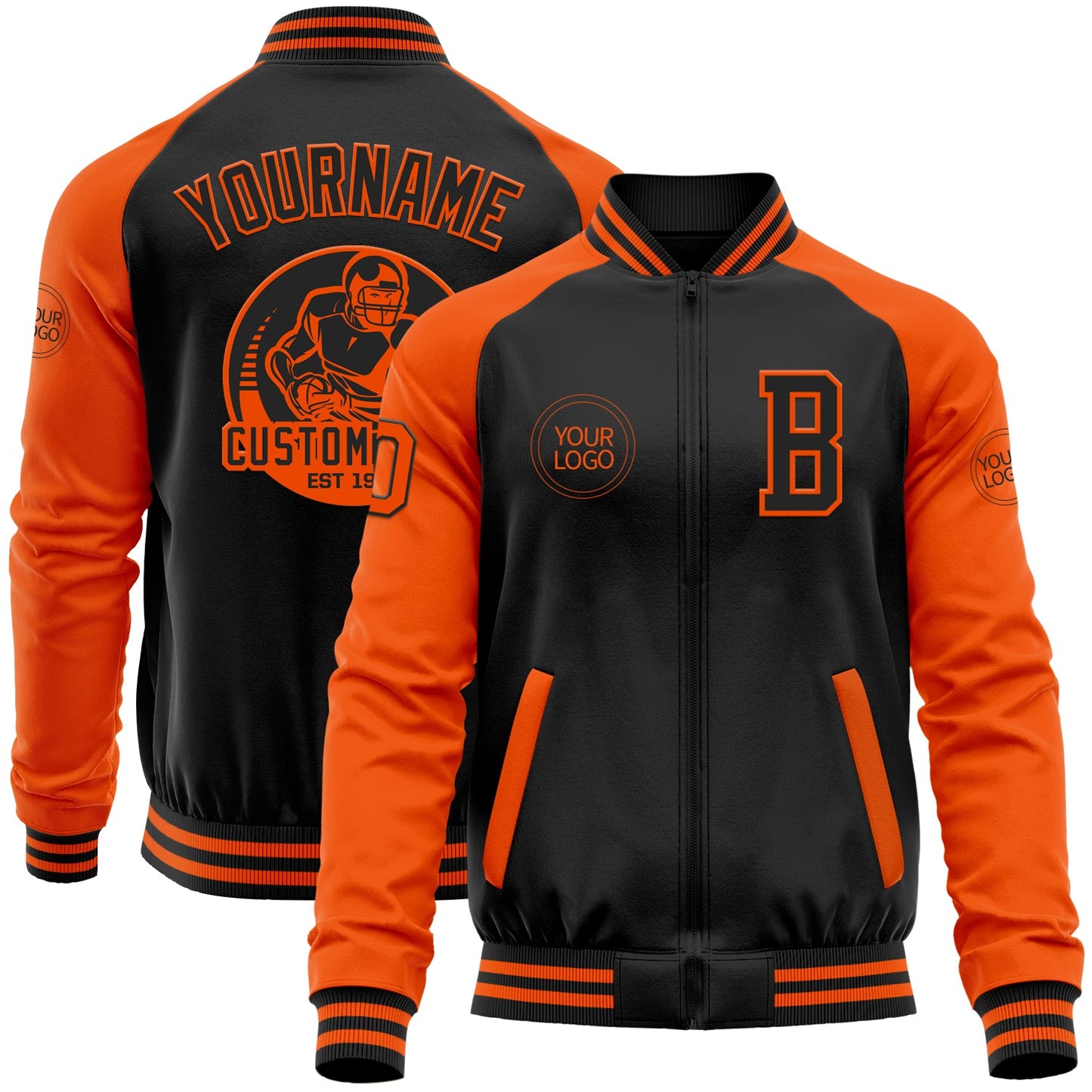 Custom Black Orange Bomber Varsity Letterman Two Tone Zipper Jacket - Main View