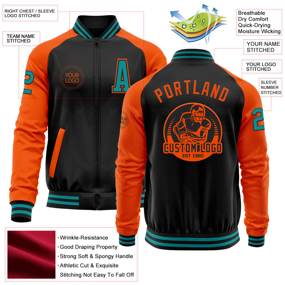Custom Black Teal-Orange Bomber Varsity Letterman Two Tone Zipper Jacket view 4