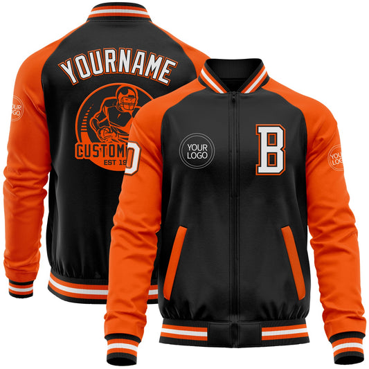 Custom Black White-Orange Bomber Varsity Letterman Two Tone Zipper Jacket - Main View