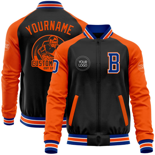 Custom Black Royal-Orange Bomber Varsity Letterman Two Tone Zipper Jacket - Main View