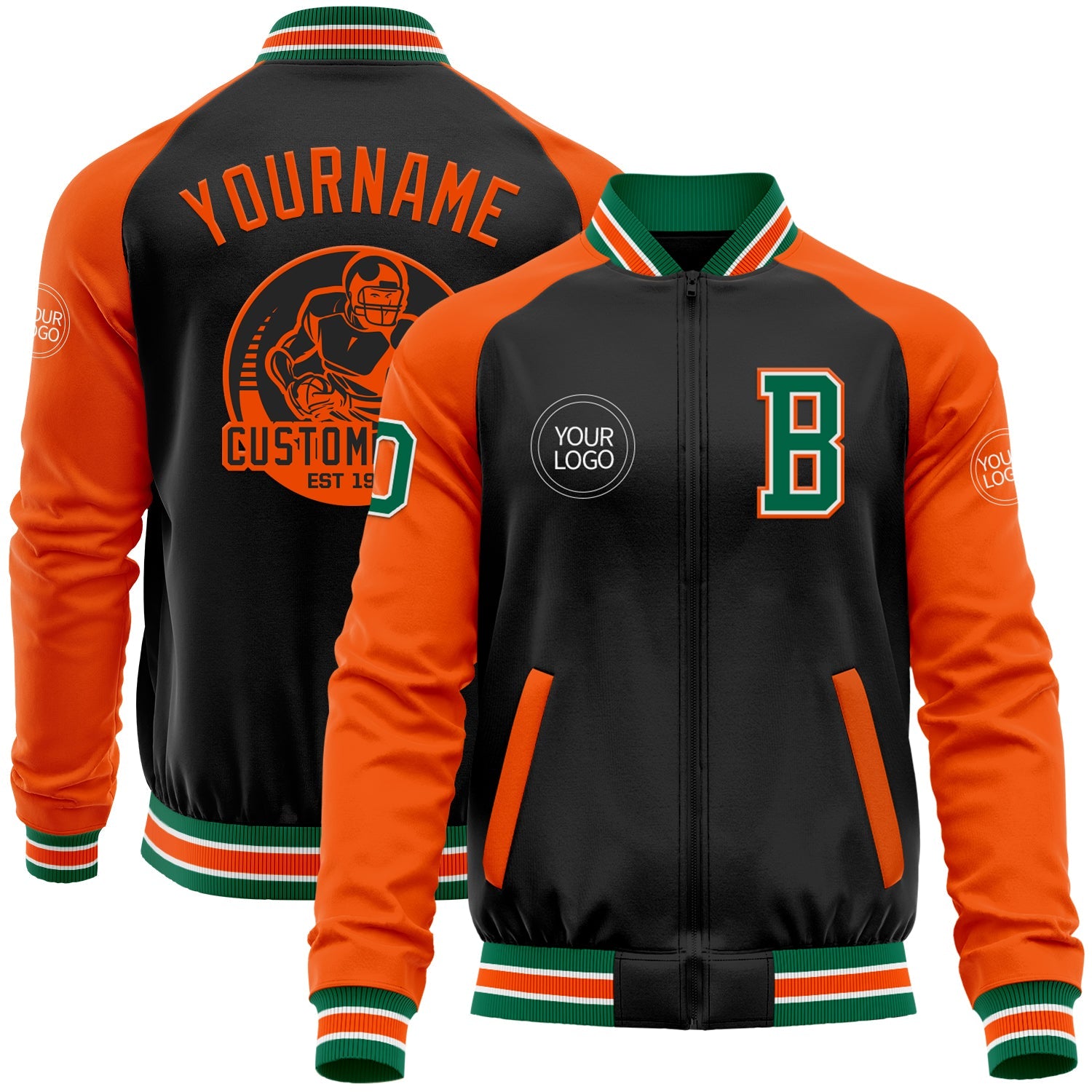 Custom Black Kelly Green-Orange Bomber Varsity Letterman Two Tone Zipper Jacket - Main View