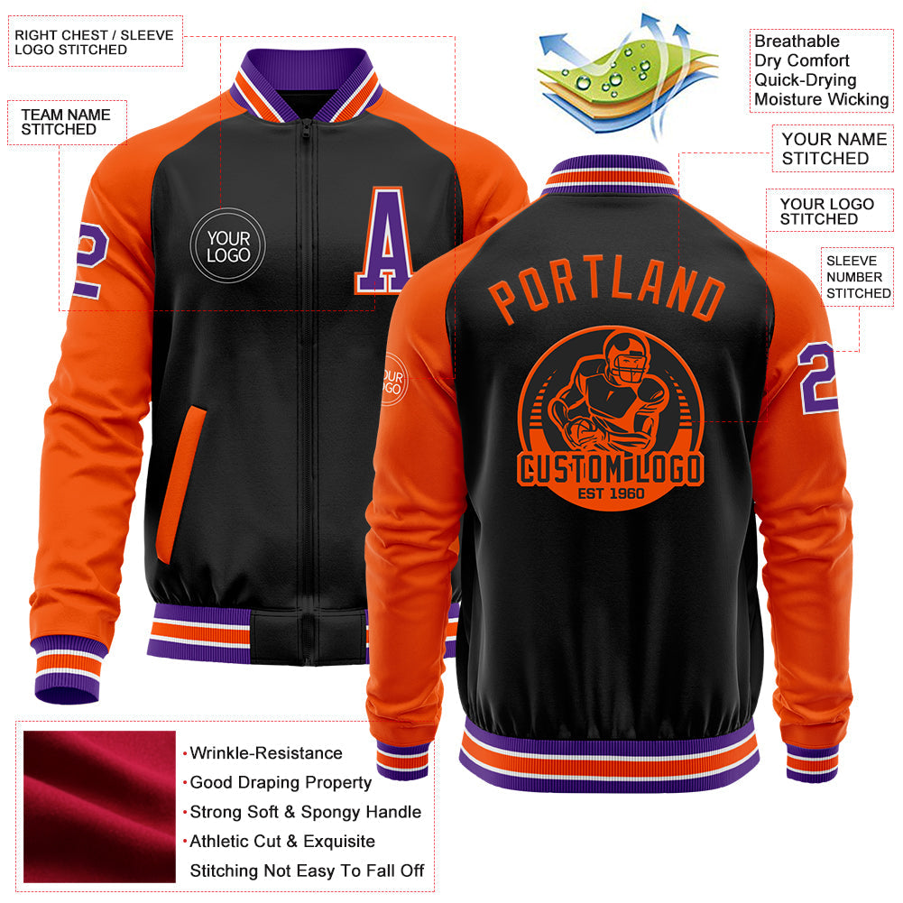 Custom Black Purple-Orange Bomber Varsity Letterman Two Tone Zipper Jacket view 4