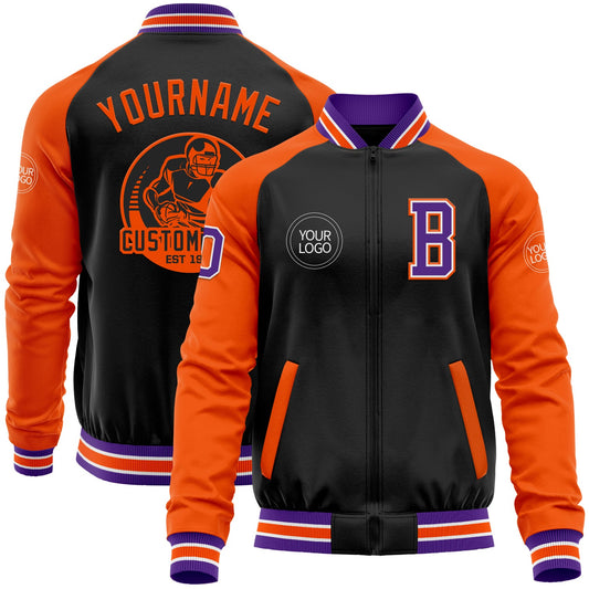 Custom Black Purple-Orange Bomber Varsity Letterman Two Tone Zipper Jacket - Main View