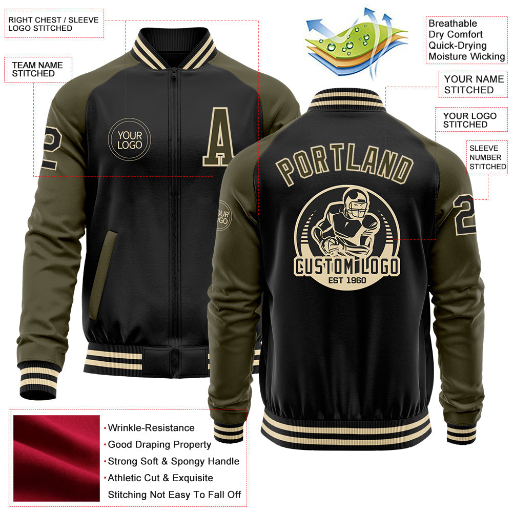 Custom Black Olive-Cream Bomber Varsity Letterman Two Tone Zipper Jacket view 4
